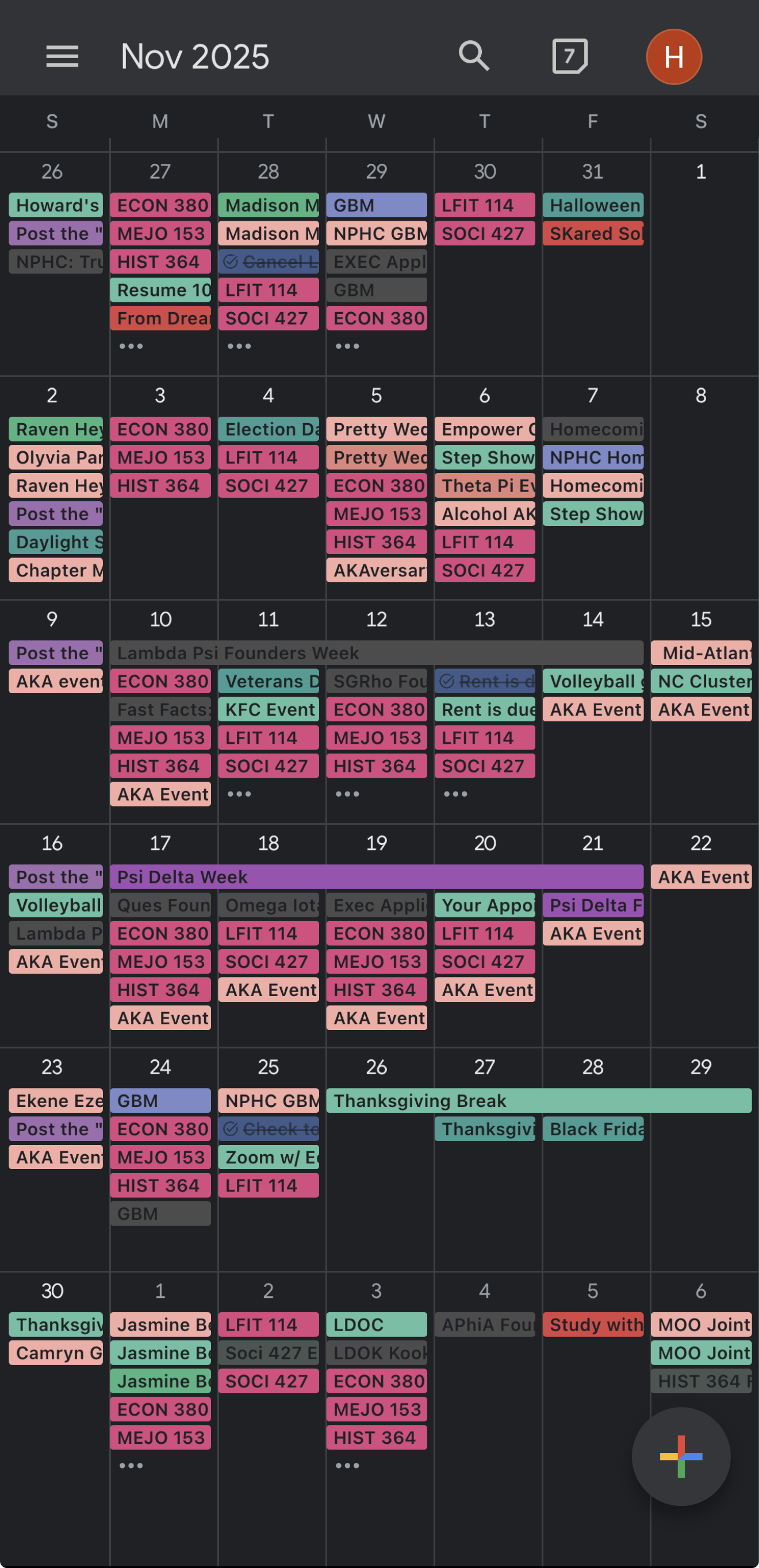 picture of Halle's google calendar